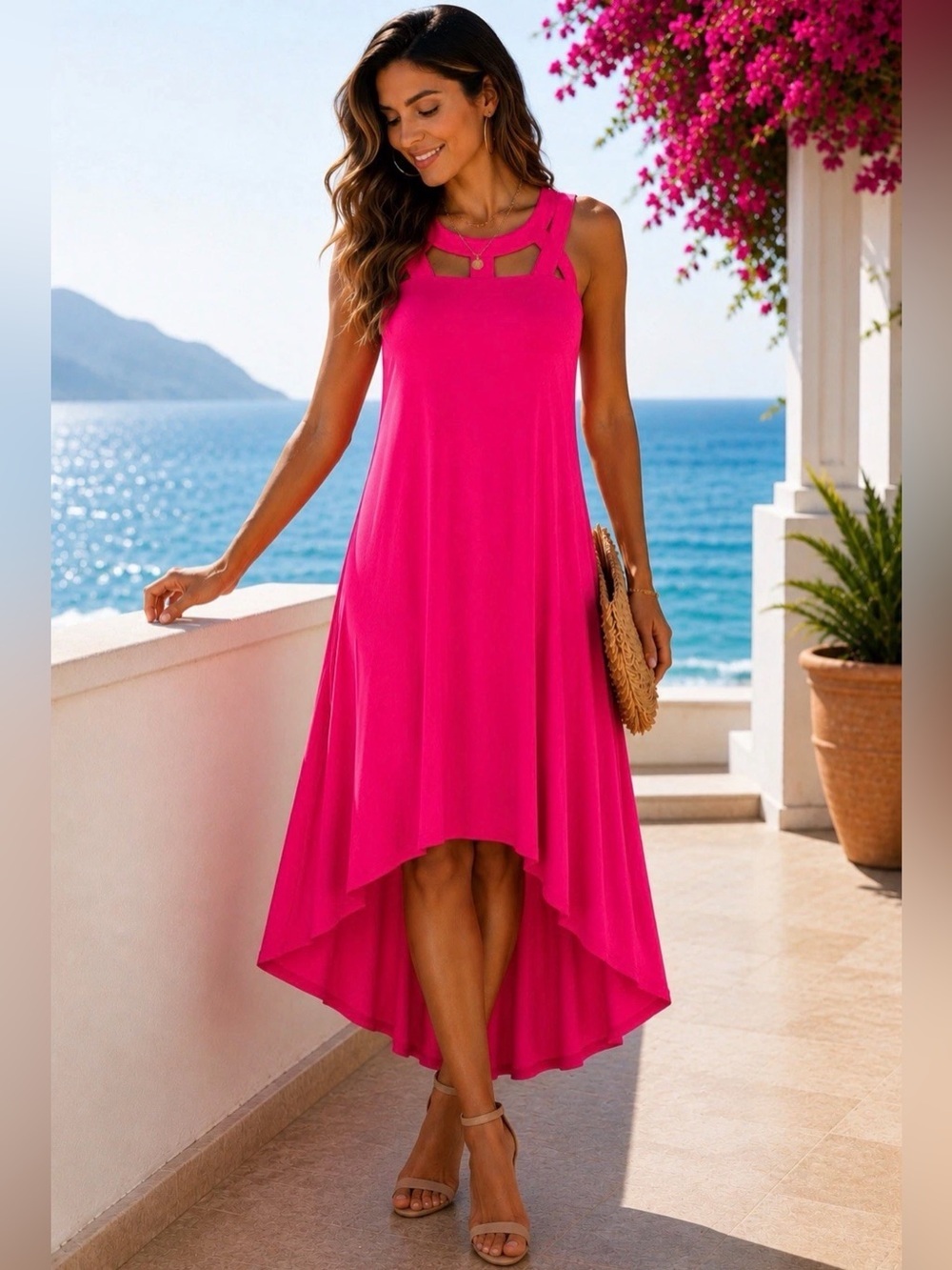 CUPIO, NWT,VIBRANT BIKINI PINK, HI-LOW DRESS WITH A DISTINCTIVE NECKLINE.SIZE L
